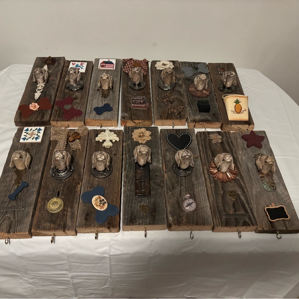 Real barn wood dog leash holders with antique hardware. 11 x4”
